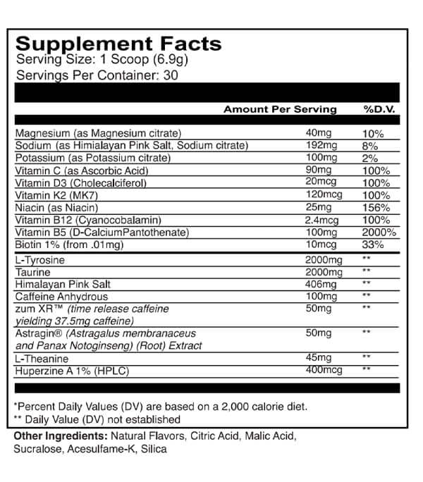 Caffeine Free Onward 2.0 Nutrition Label
