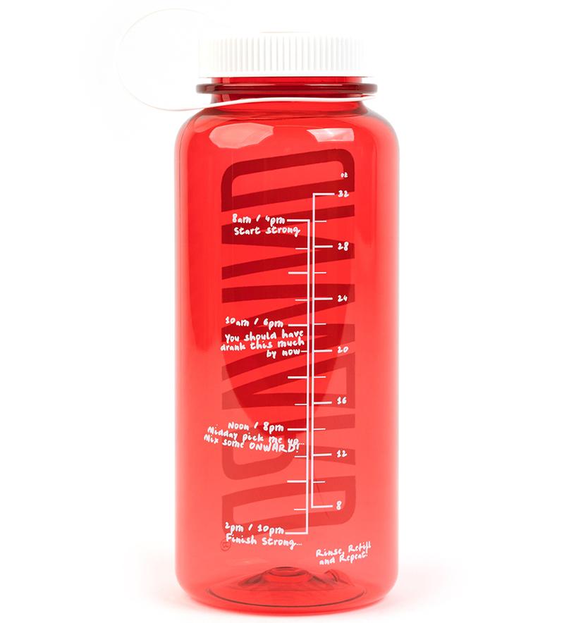 Red water bottle with white printing. White ounce measurements with hourly drinking goals.