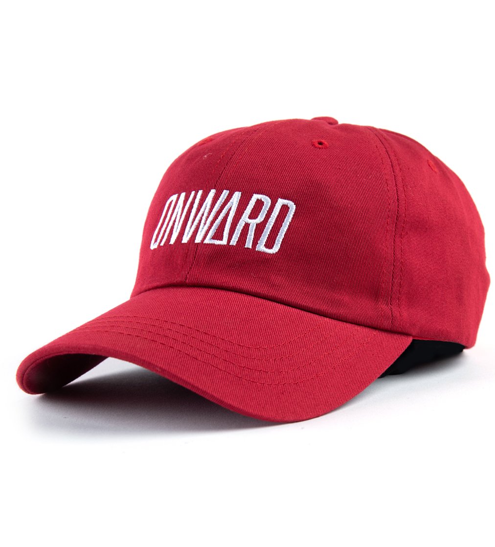 Red dad hat with the Onward logo embroidered on the front center of the hat. (Front view)