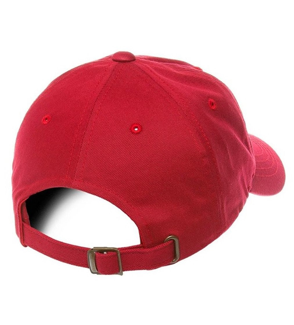 Red dad hat. Antique brass fixtures for sizing. (back view) 