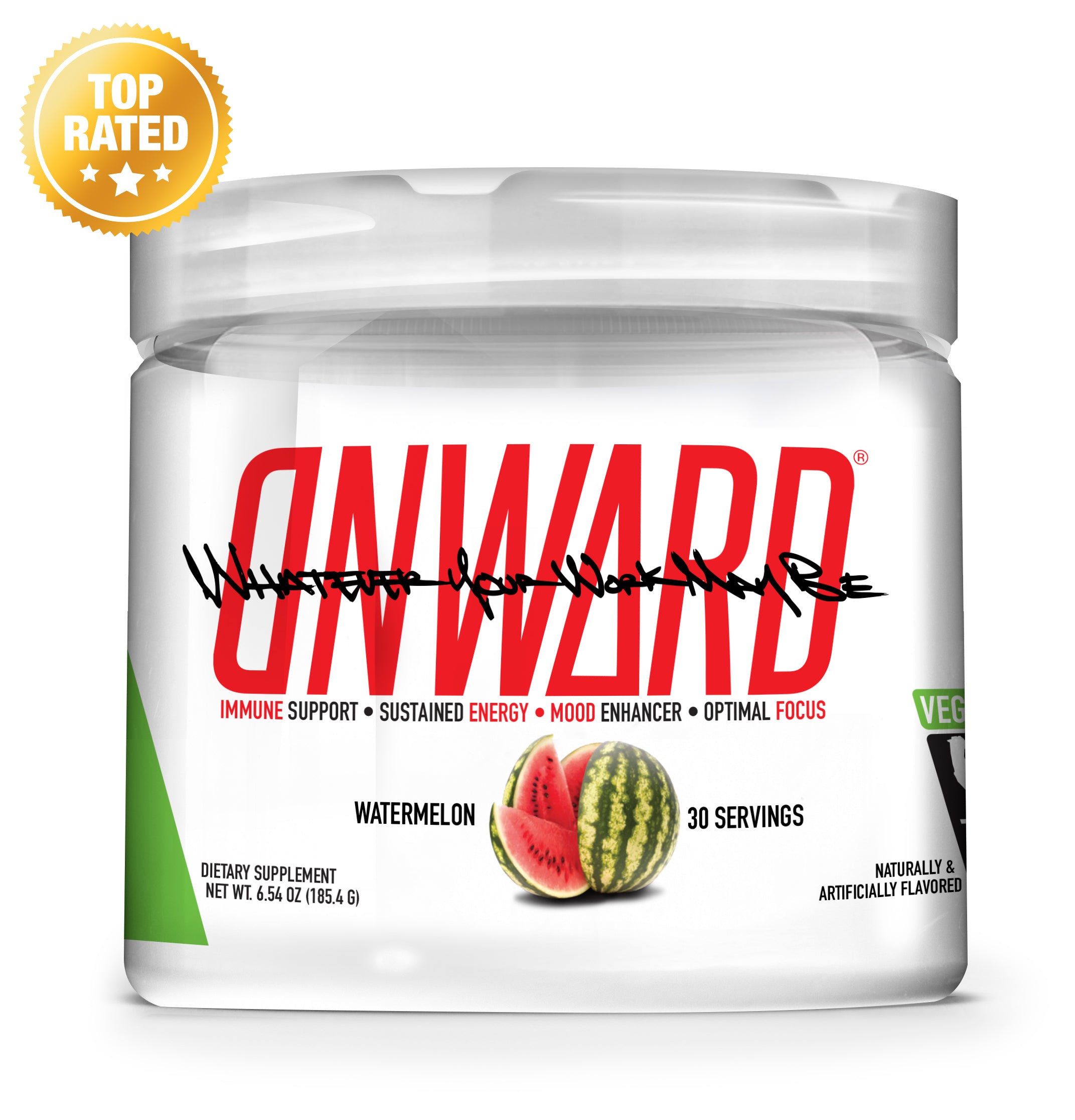 Photo of Onward Watermelon flavor. The container is clear plastic with a clear plastic lid. Onward logo in red with "Whatever your work may be" in black interceding the Onward logo. There is a sliced watermelon on the packaging.