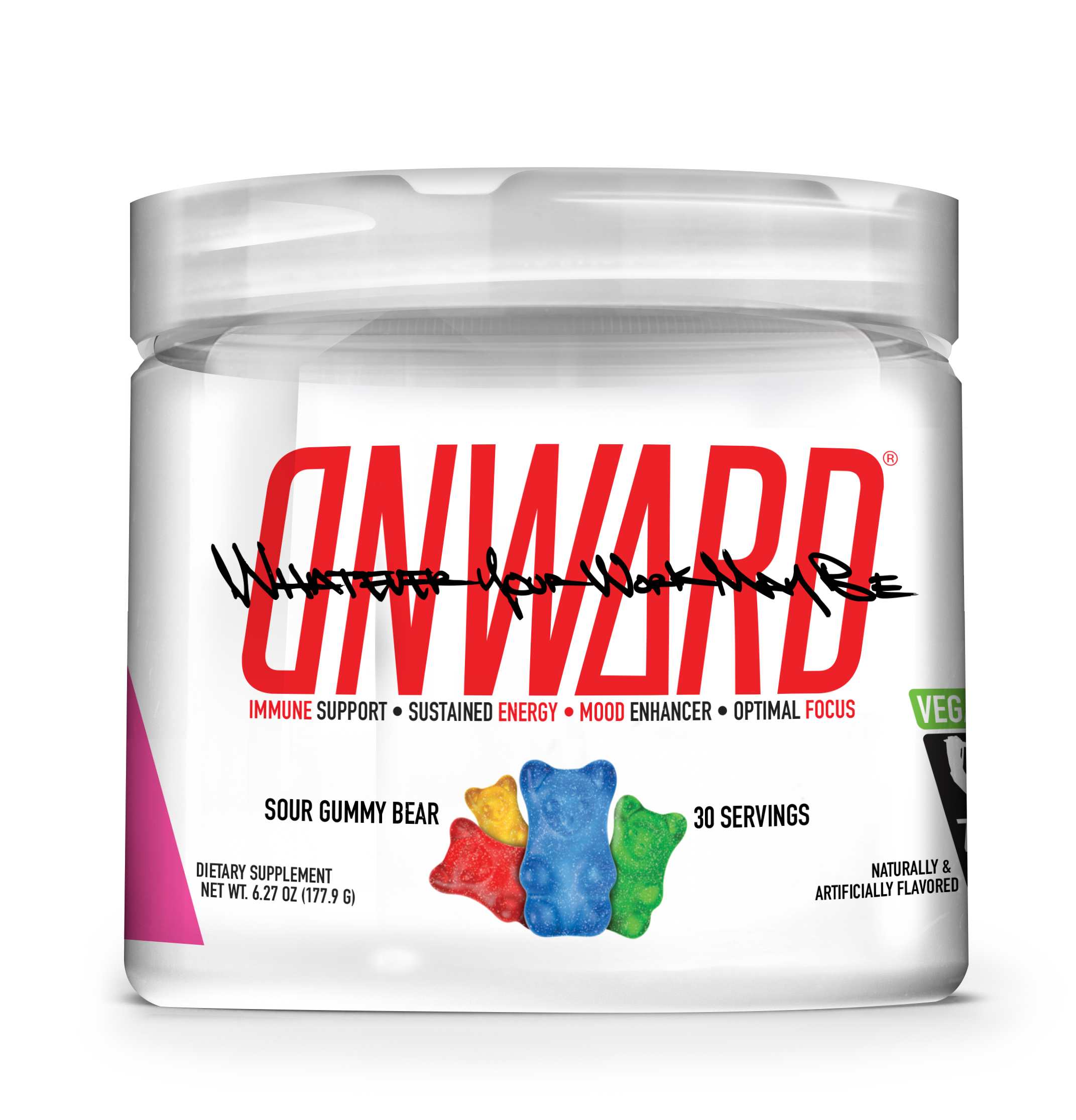 Clear canister of Onward. Featuring the flavor sour gummy bear with a photo of red, yellow, blue and green gummy bears.