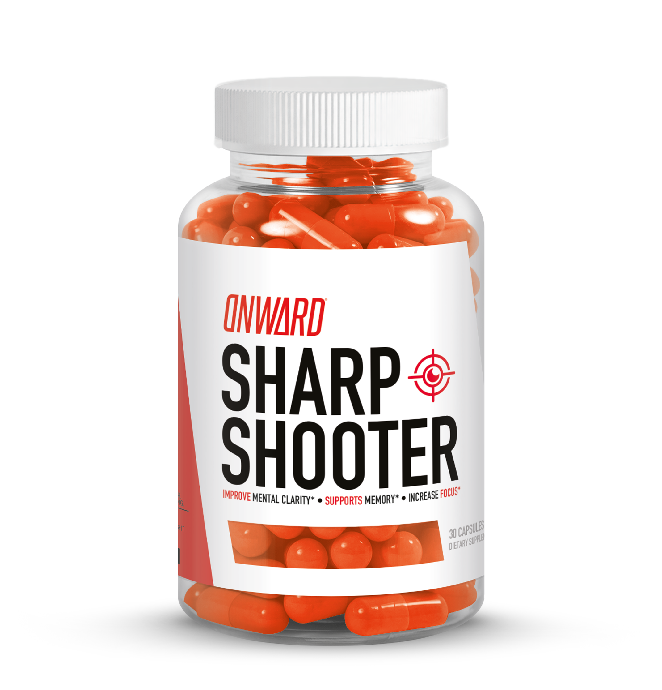 Clear bottle with orange capsules inside. The label shows "Sharp Shooter" and a target with a moon in the center.