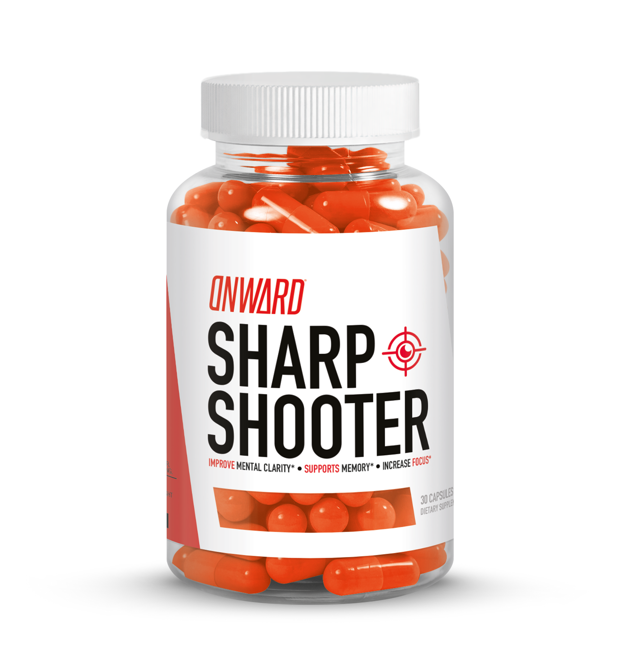 Clear bottle with orange capsules inside. The label shows "Sharp Shooter" and a target with a moon in the center.