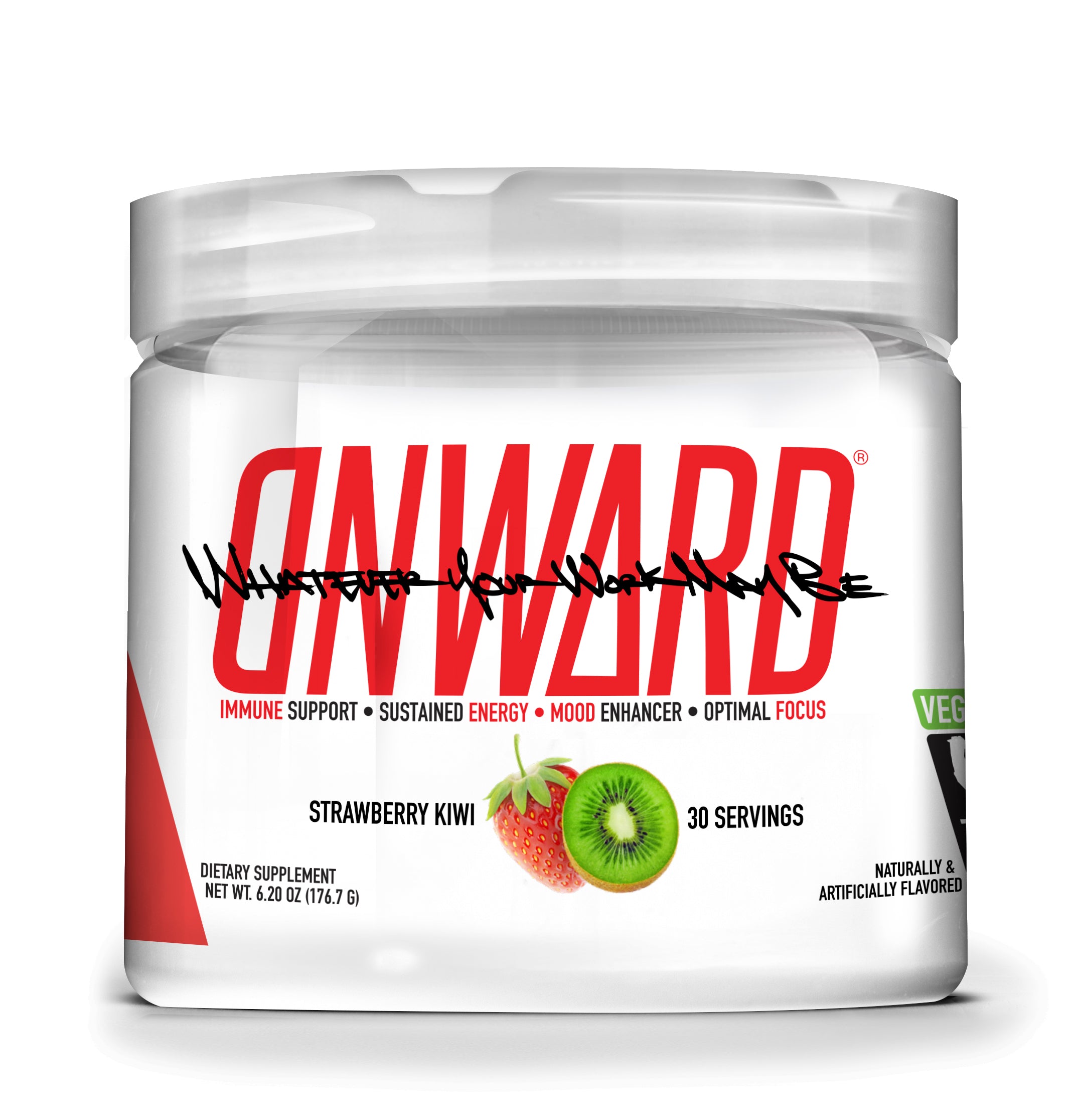 Photo of Onward Strawberry Kiwi flavor. The container is clear plastic with a clear plastic lid. Onward logo in red with "Whatever your work may be" in black interceding the Onward logo. There is a strawberry and kiwi on the packaging.