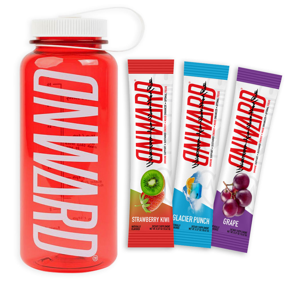 Red Onward bottle buddy with a white logo. Showing three stick flavors of Onward; strawberry kiwi, glacier punch, and grape.