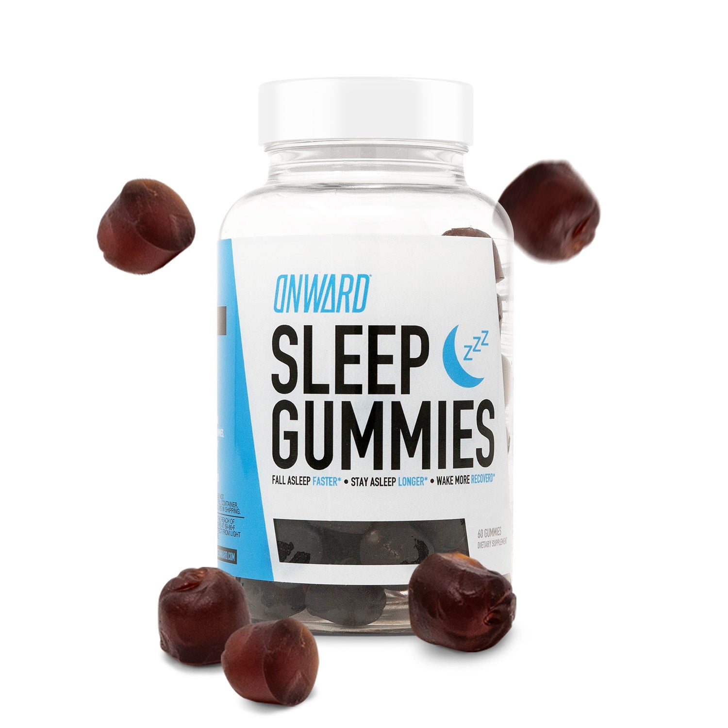 A clear bottle of Sleep Gummies. The gummies in side are gumdrop shaped and a deep purple color.