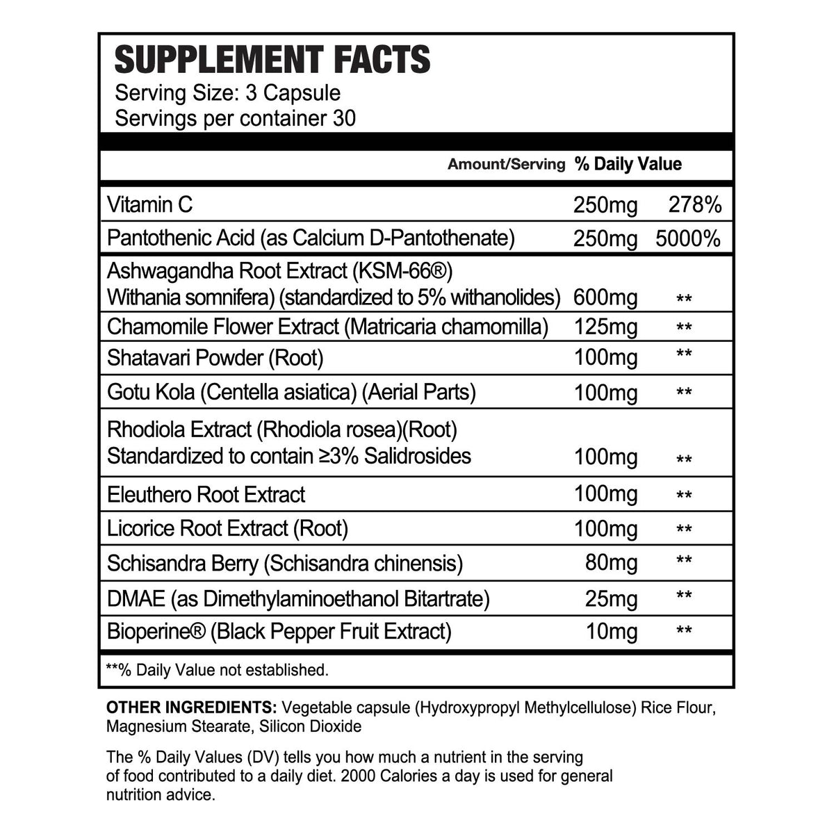 A snapshot of Onward Adrenal Supports supplement facts.